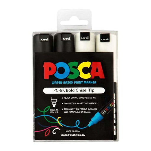 Uni Posca Marker 8.0mm Bold Chisel 4 Pack Black White PC-8K-Marston Moor
