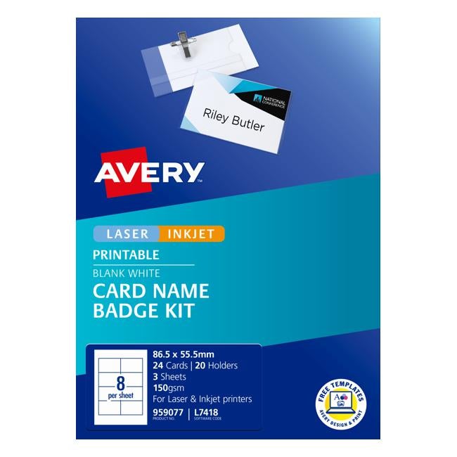Avery Card Name Badges Kit 86.5x55.5mm 8up 3 Sheets Inkjet Laser