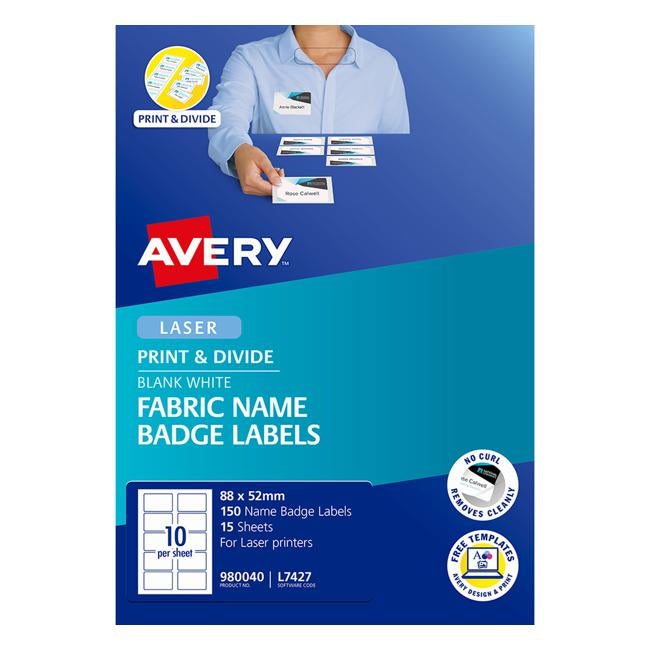 Avery Name Badge L7427 Fabric 88x52mm 10up 15 Sheets Laser