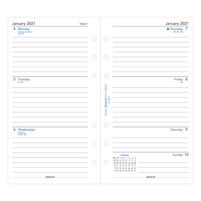 Filofax Refill Classic Week To View Ruled Personal 2027