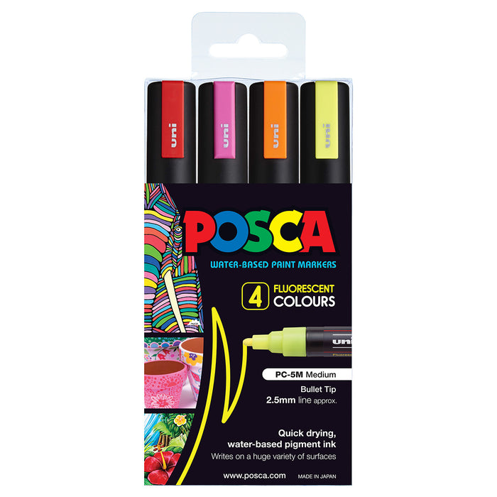 Uni Posca Marker 1.8-2.5mm Med Bullet 4 Pack Fluro PC-5M
