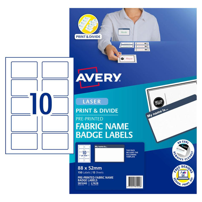 Avery Fabric Print Name Badges 88x52mm 150 Labels L7428_2