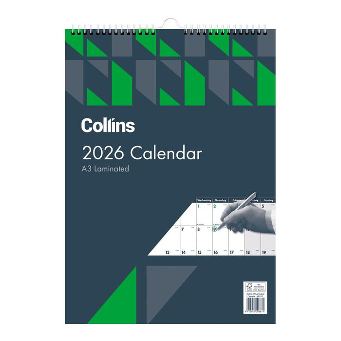 Collins A3 Month View Laminated Calendar Wiro Bound 441052_1