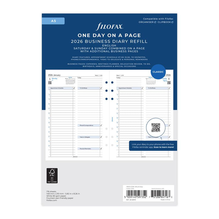 Filofax A5 2026 Business Day Per Page Refill 1001676_1