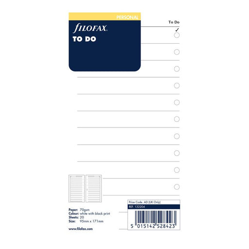 Filofax Organiser Refill Personal To Do Lists White F132204_1