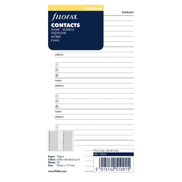 Filofax Personal Organiser Refill Contacts F130201, 20 Sheets_1