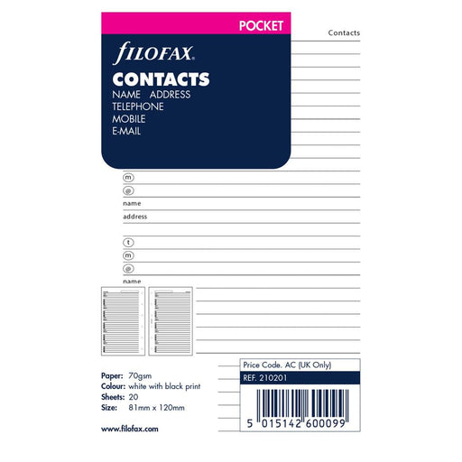 Filofax Pocket Contacts Organiser Refill 20 Sheets White F210201_1