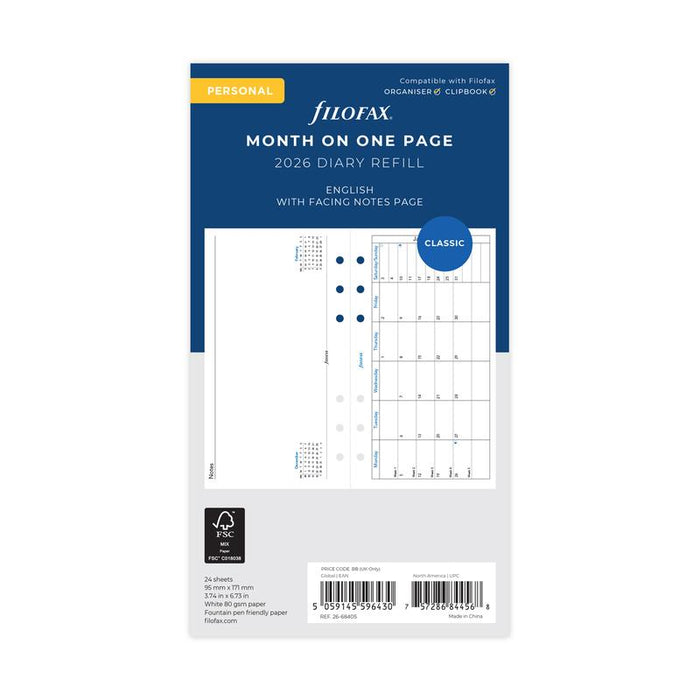 Filofax Refill Classic Month To A Page With Notes Personal 2026 1001665_1