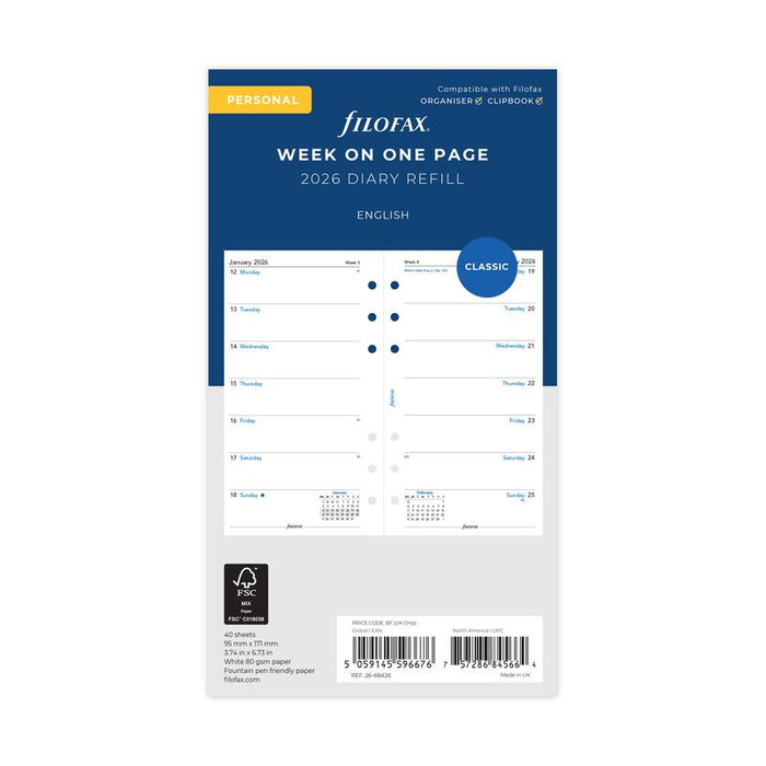 Filofax Refill Classic Week Per Page Personal 2026 1001670_1