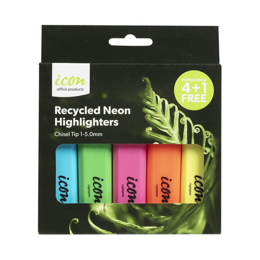 Okin Icon Recycled Highlighter Chisel Tip 4+1 Bonus Pack, Neon IHLRASSTNB_1