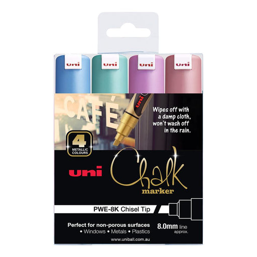 Uni Chalk Marker 8mm Bold Chisel Tip 4 Pack Metallic_1