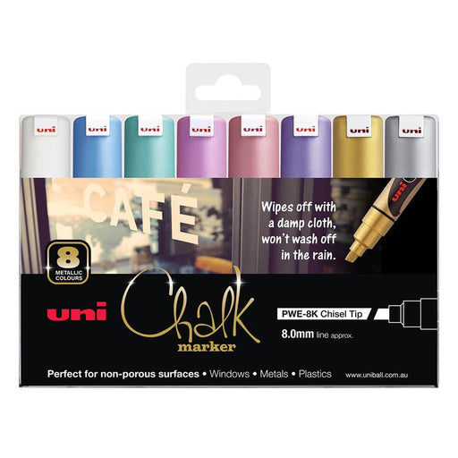 Uni Chalk Marker 8mm Bold Chisel Tip 8 Pack Metallic_1