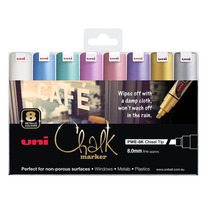 Uni Chalk Marker 8mm Bold Chisel Tip 8 Pack Metallic_1