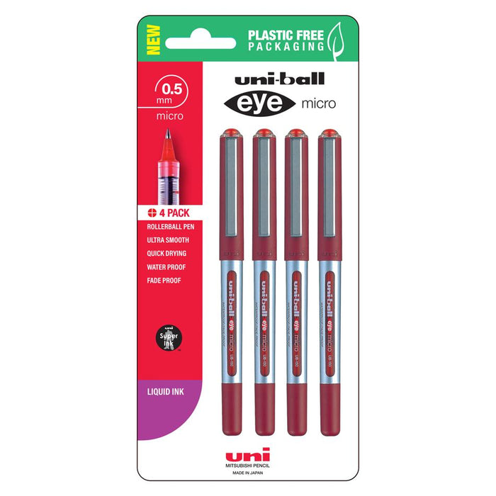 Uni Eye 0.5mm Micro Capped Rollerball Pens, Red, Pk4_1