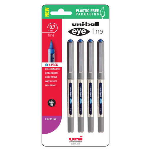 Uni Eye 0.7mm Fine Rollerball Pens Blue Pk4 250357_1