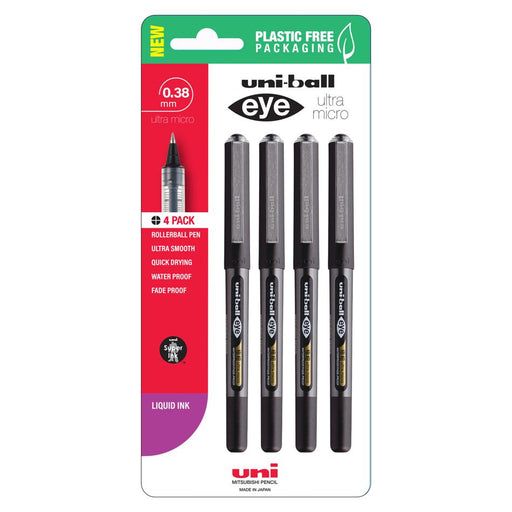 Uni Eye Rollerball Pen 0.38mm Capped Black Pk4 250345_1