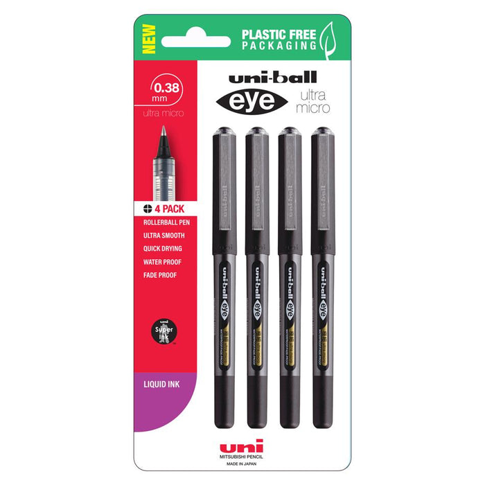 Uni Eye Rollerball Pen 0.38mm Capped Black Pk4 250345_1