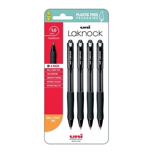 Uni Laknock 1.0mm Medium Retractable Black Hangsell Pk4 250336_1