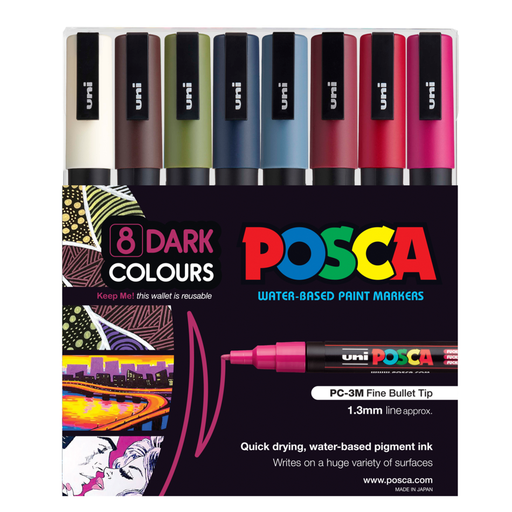 Uni Posca 0.9-1.3mm Fine Marker 8 Pack Dark Colors PC-3M_1