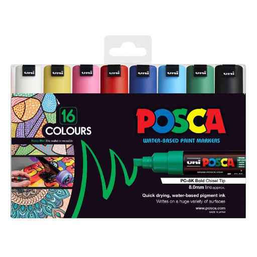 Uni Posca 8.0mm Chisel Markers 16 Pack Assorted Colors_1