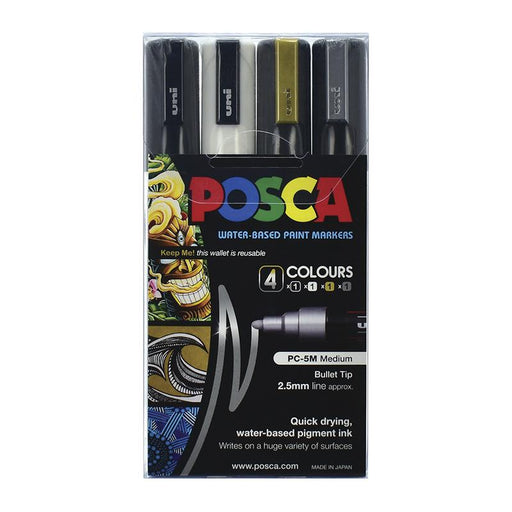 Uni Posca Marker 1.8-2.5mm Med Bullet 4 Pack Black White Gold Silver PC-5M 250323_1