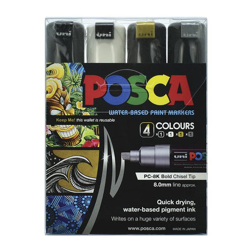 Uni Posca Marker 8.0mm Bold Chisel 4 Pack Black White Gold Silver PC-8K 250325_1