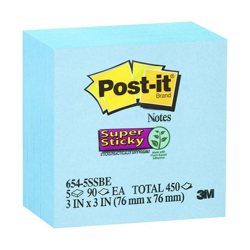 Post-it Super Sticky Notes 654-5SSBE 76x76mm Electric Blue Pack of 5-Marston Moor