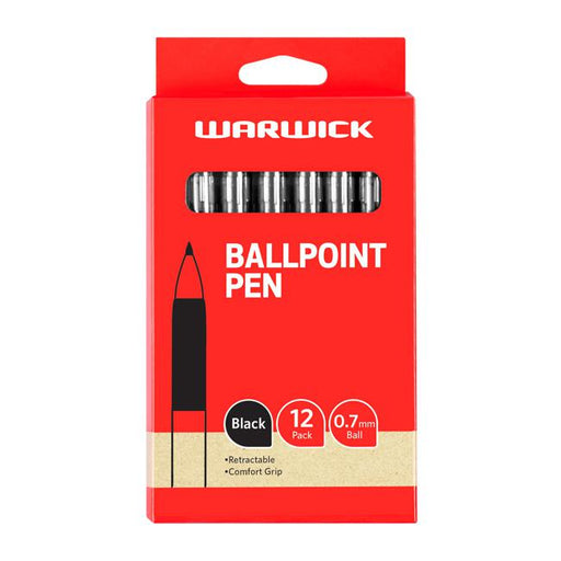 Warwick Pen Ballpoint Black Retractable Medium Box 12 Comfort Grip-Marston Moor
