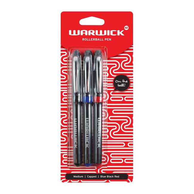 Warwick Pen Rollerball Capped Medium Blue Black Red 3 Pack-Marston Moor