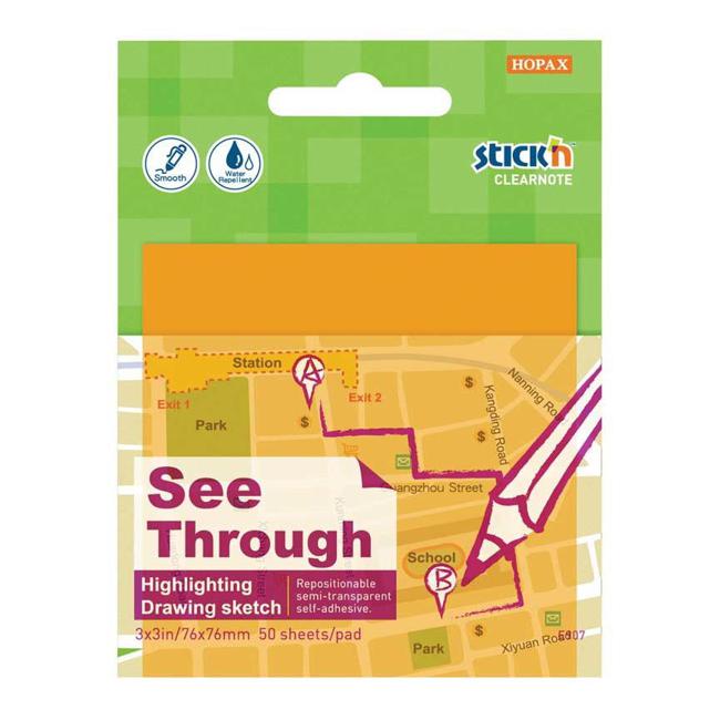Stick’n Clearnote Orange 76x76mm 50 Sheets Transparent-Marston Moor