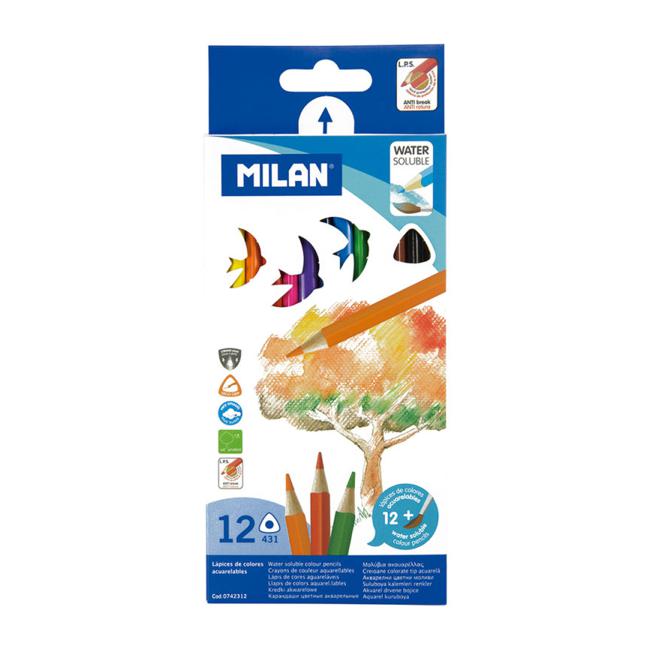 Milan Water Soluble Coloured Pencils Triangular Pack 12 Assorted Colours-Marston Moor