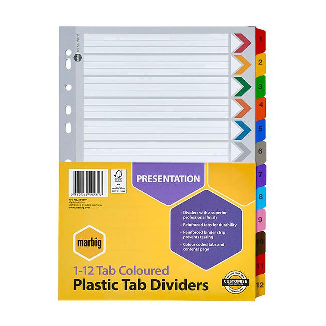 Marbig indices & dividers 1-12 tab reinforced a4 colour