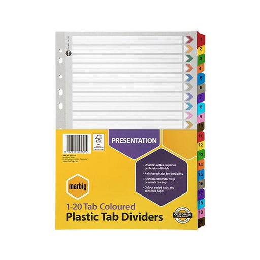Marbig indices & dividers 1-20 tab reinforced a4 colour-Marston Moor