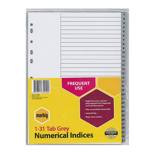 Marbig indices & dividers 1-31 tab pp a4 grey-Marston Moor