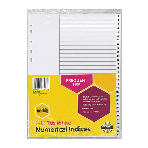 Marbig indices & dividers 1-31 tab pp a4 white-Marston Moor