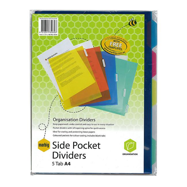 Marbig dividers side pockets clear pp a4 5tab
