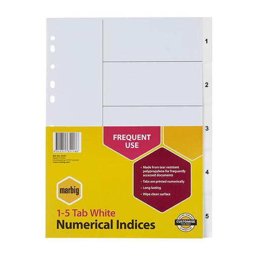Marbig indices & dividers 1-5 tab pp a4 white-Marston Moor