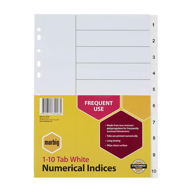 Marbig indices & dividers 1-10 tab pp a4 white