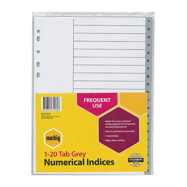 Marbig indices & dividers 1-20 tab pp a4 grey