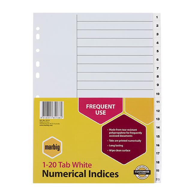 Marbig indices & dividers 1-20 tab pp a4 white