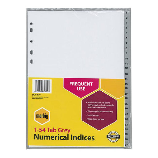 Marbig indices & dividers 1-54 tab pp a4 grey-Marston Moor