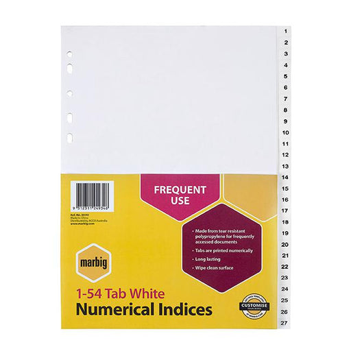 Marbig indices & dividers 1-54 tab pp a4 white-Marston Moor
