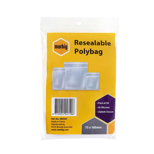 Marbig resealable polybags 75mmx100mm pk50-Marston Moor