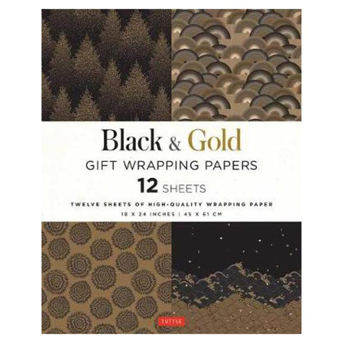 Black & Gold Gift Wrapping Papers - 12 Sheets