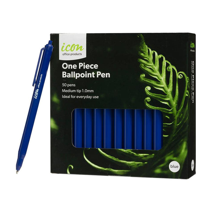 Icon One Piece Ballpoint Pen Blue, Pack of 50 IBP1PBLUE50
