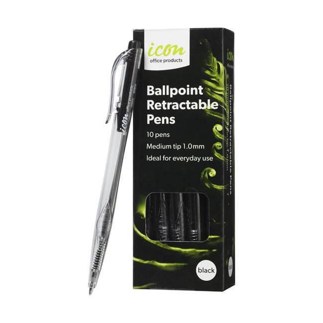 Icon Ballpoint Retractable Pens Medium Black Pack 10