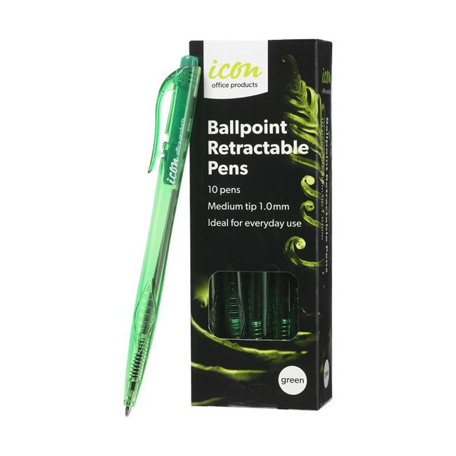 Icon Ballpoint Retractable Pens Medium Green Pack 10
