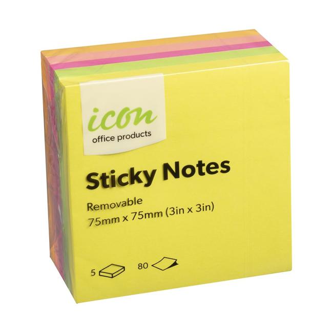 Icon Sticky Notes 75mm x 75mm Neon 5 Pack