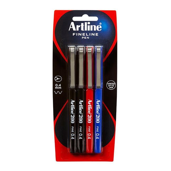 Artline 200 fineliner pen 0.4mm astd 4pk hs