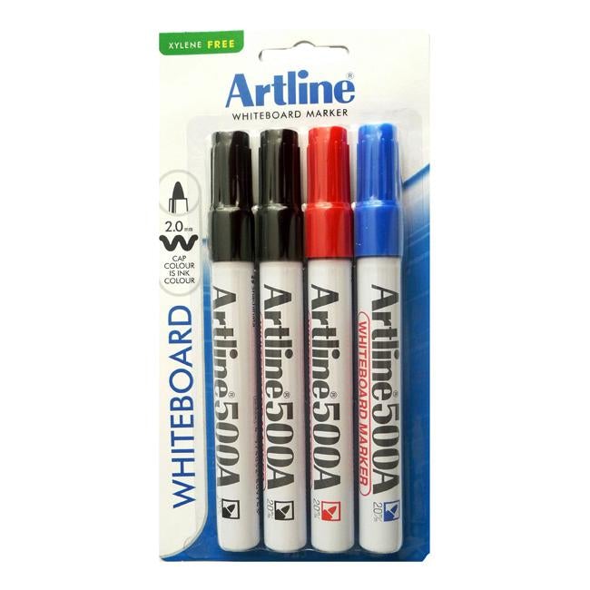 Artline 500a whiteboard marker 2mm bullet nib astd pk4